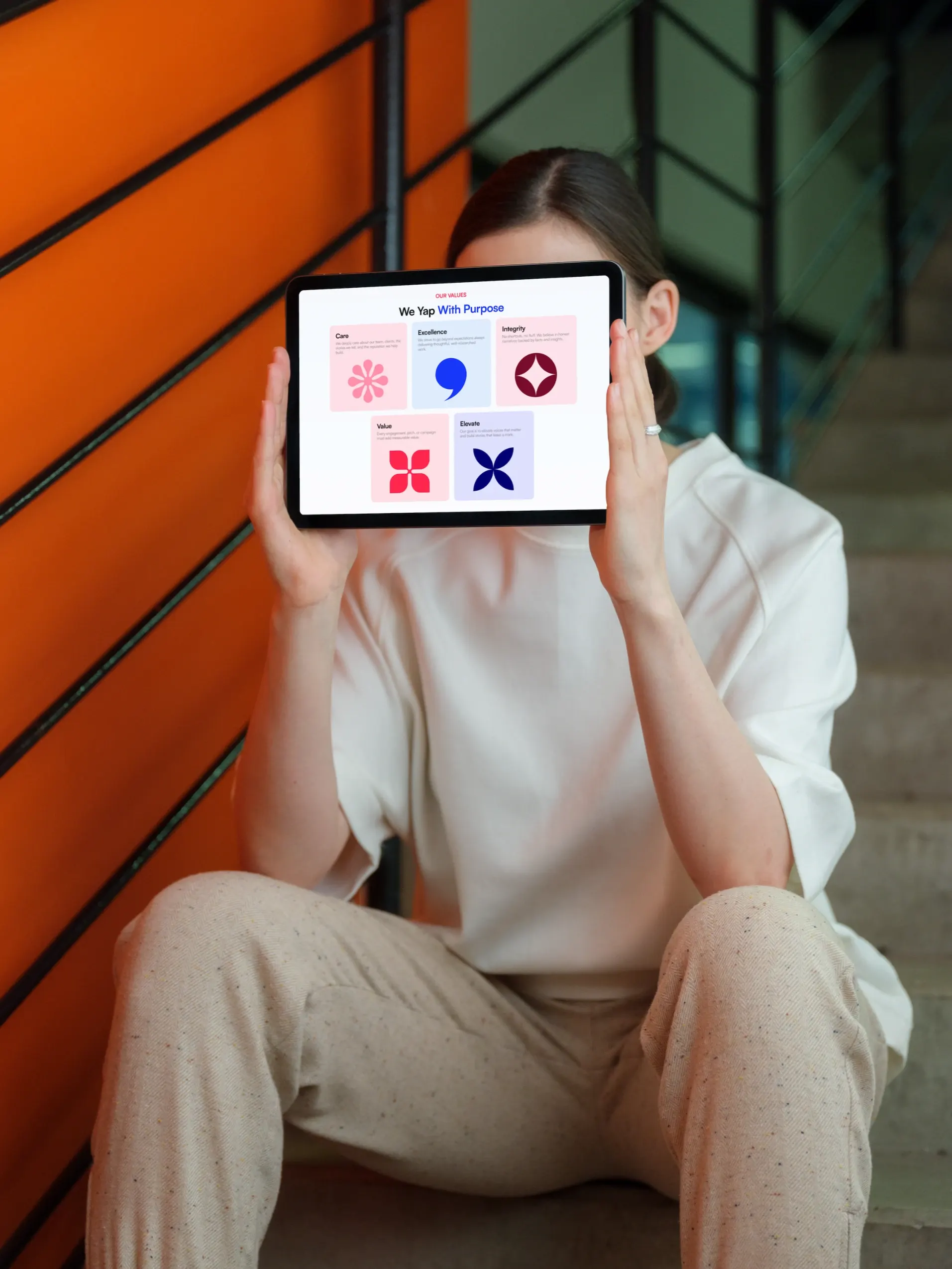 YAP Global "We Yap With Purpose" values page, tablet mockup