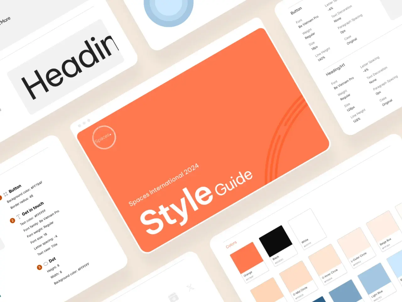 Spaces International Style Guide cover, typography, button, and color specs